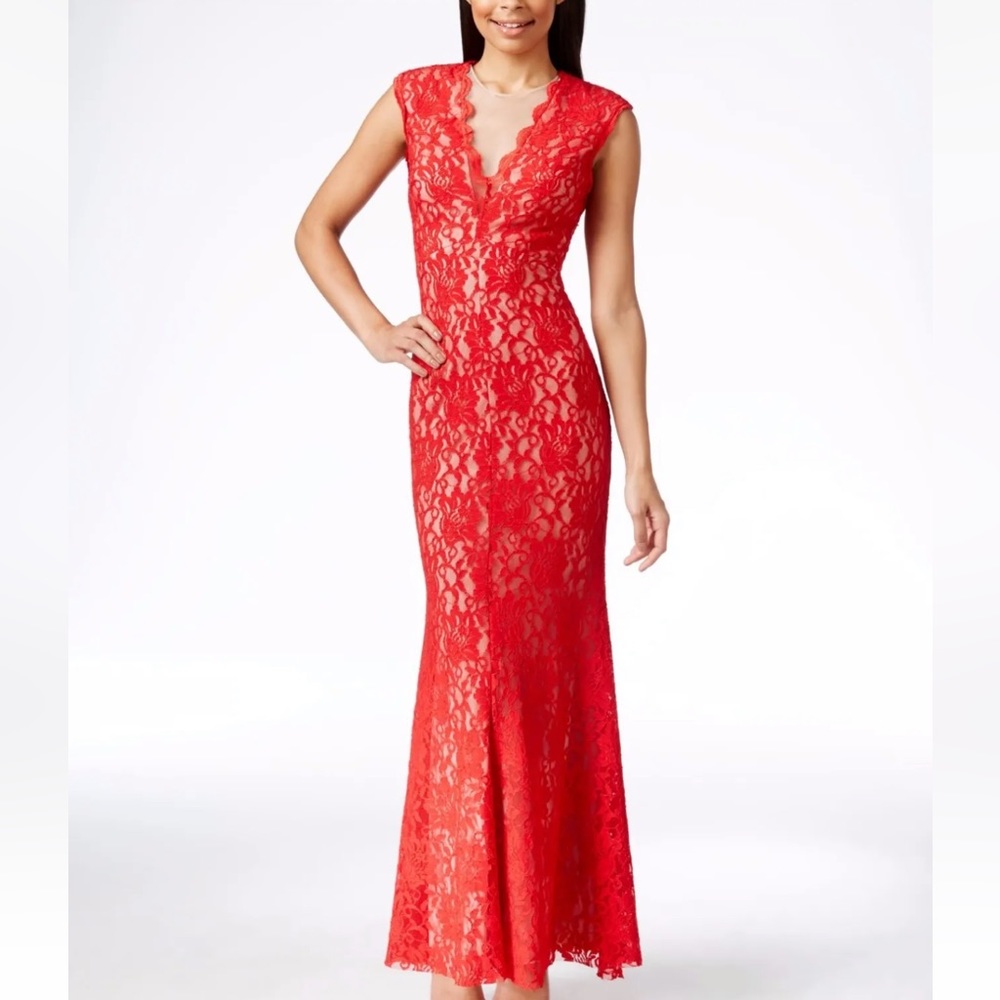 Xscape Red Stretch Contrast-lace Illusion Vneck Fit & Flare Trumpet Gown Size 4